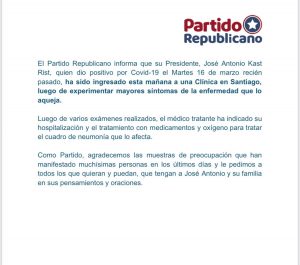 comunicado estado de salud Kast