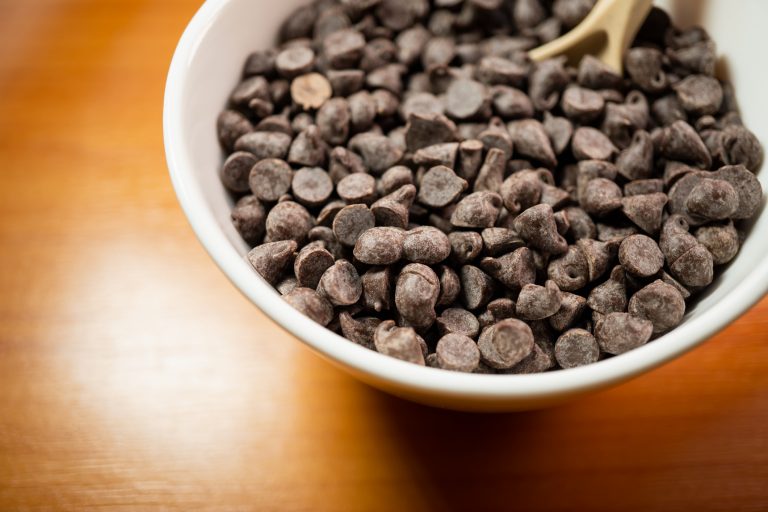 Closeup High Angle View Of Chocolate Chips In A Cup