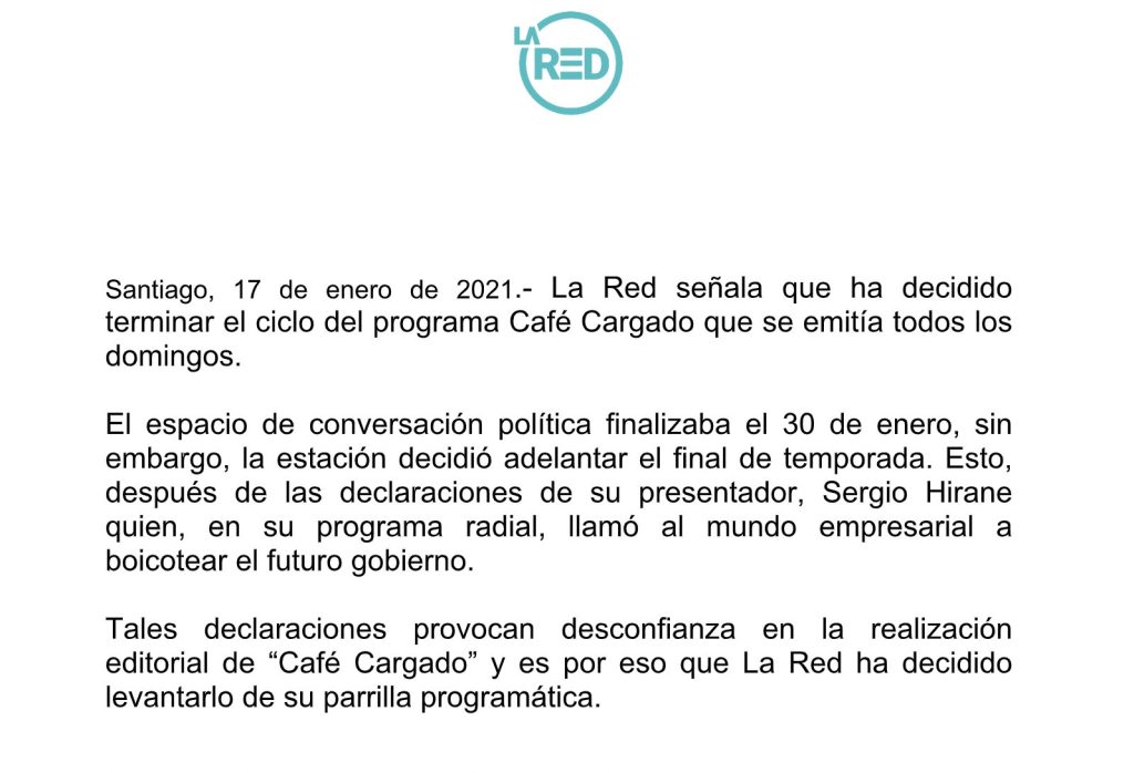 Comunicado La Red Cafe Cargado Checho Hirane